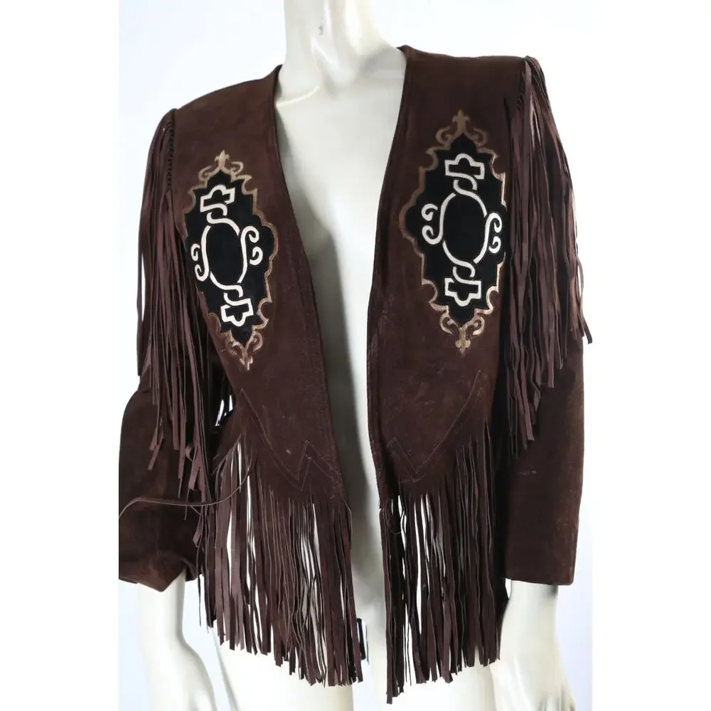 Vintage Brown Suede Fringe Western Jacket XS Boho Embroidered Statement Piece - Picture 4 of 16